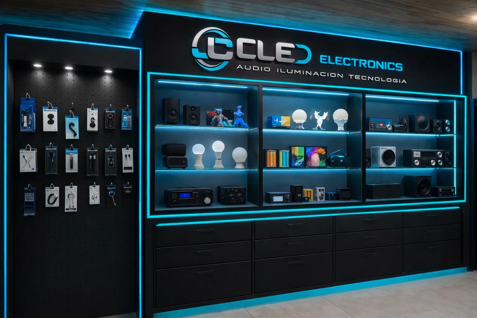 Vitrina iluminada de JC LED Electronics con productos de audio y tecnología